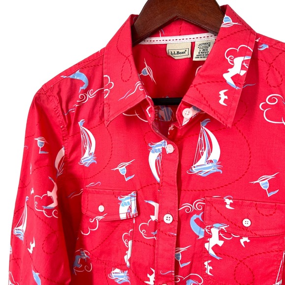 LL Bean Women Large Long Sleeve Coral Pink Birds Ocean Sailing Blouse Shirt Top - Picture 3 of 8